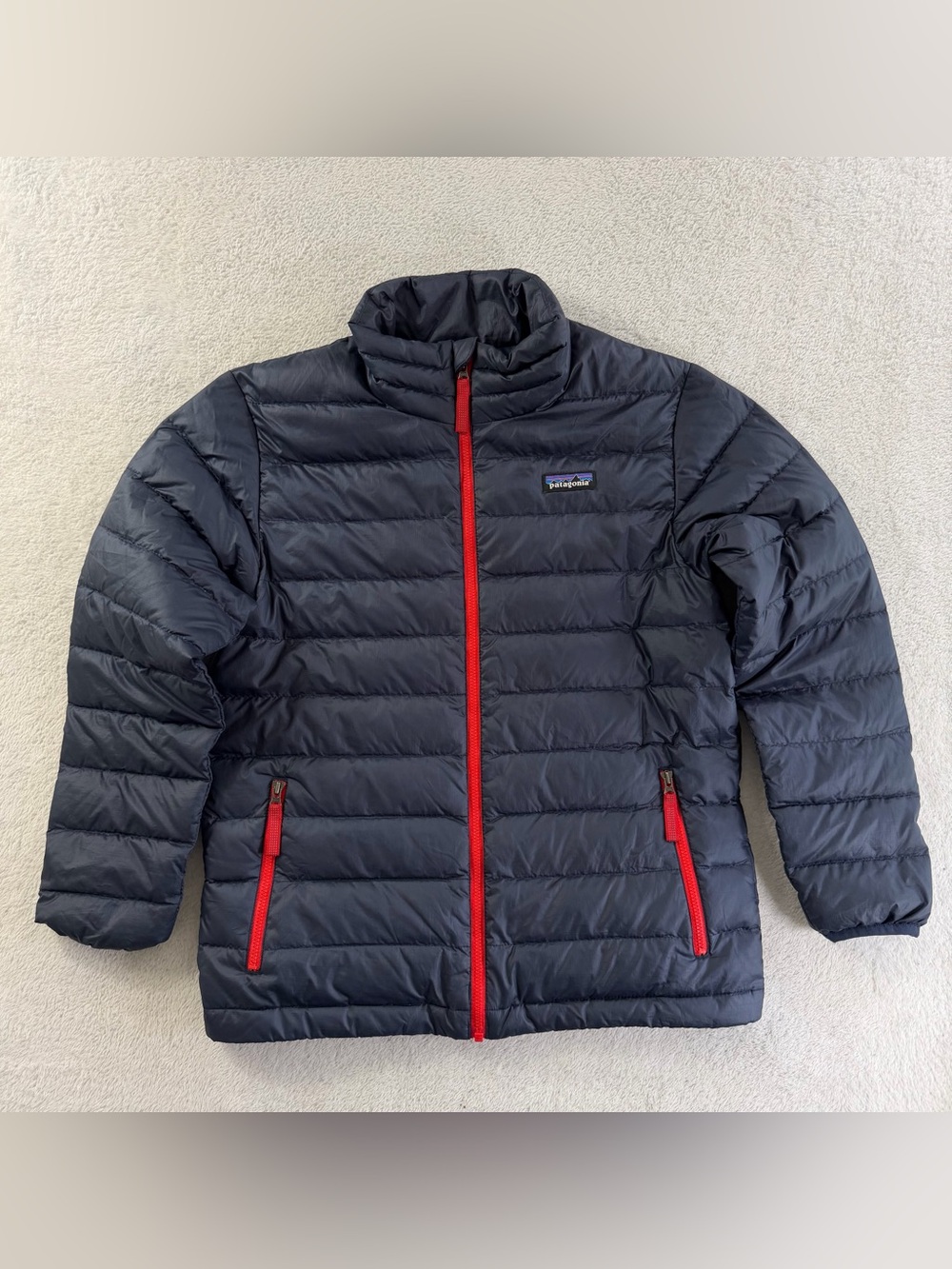 Patagonia Boys L 12 Down Sweater Navy Red 600 Fill Puffer Jacket